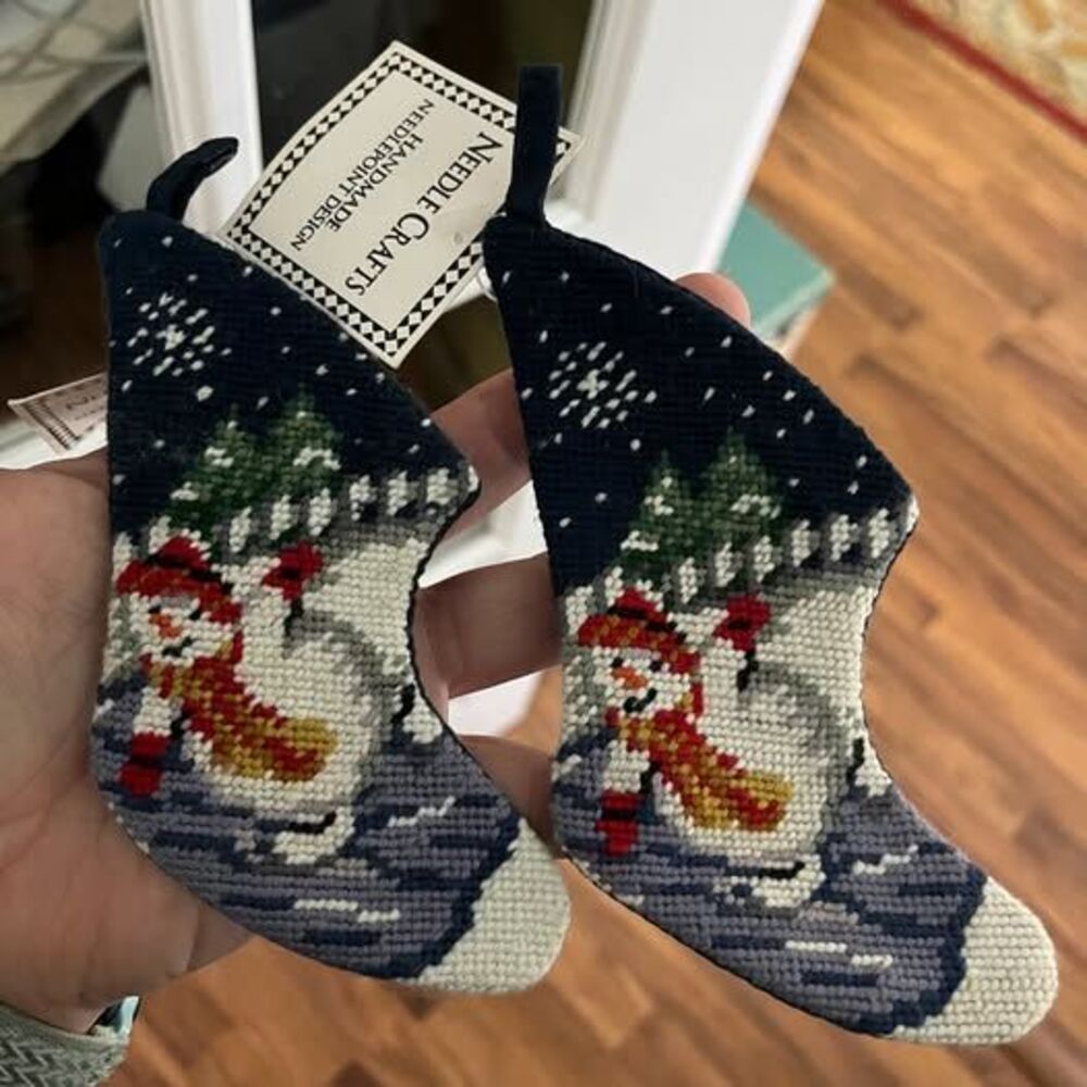 Needle Crafts Handmade Needlepoint Snowman Christmas Stocking Ornaments